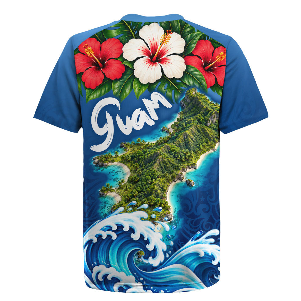 Guam Tropical Island Rugby Jersey Hibiscus Floral Ocean Waves