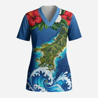 Guam Tropical Island Scrub Top Hibiscus Floral Ocean Waves