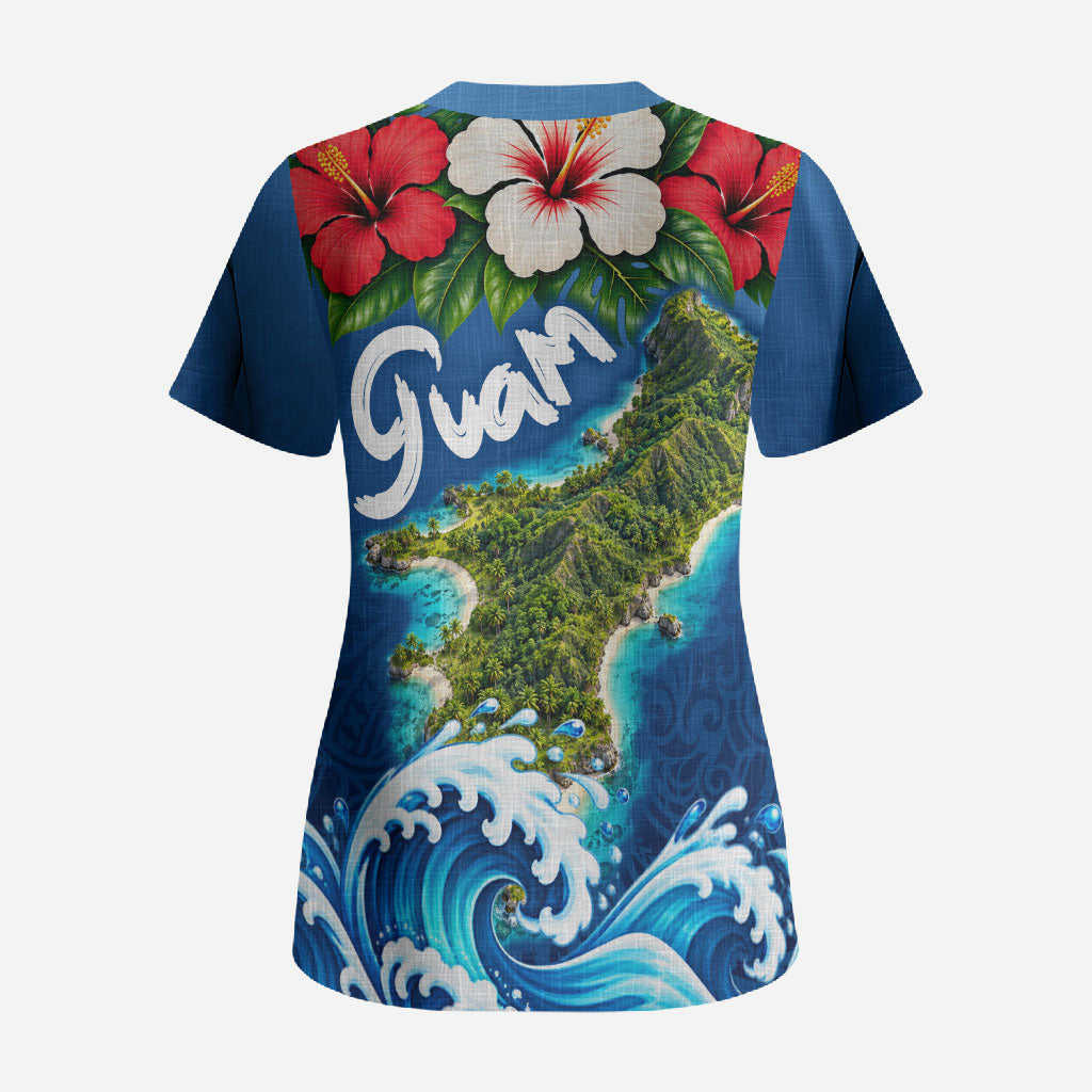 Guam Tropical Island Scrub Top Hibiscus Floral Ocean Waves