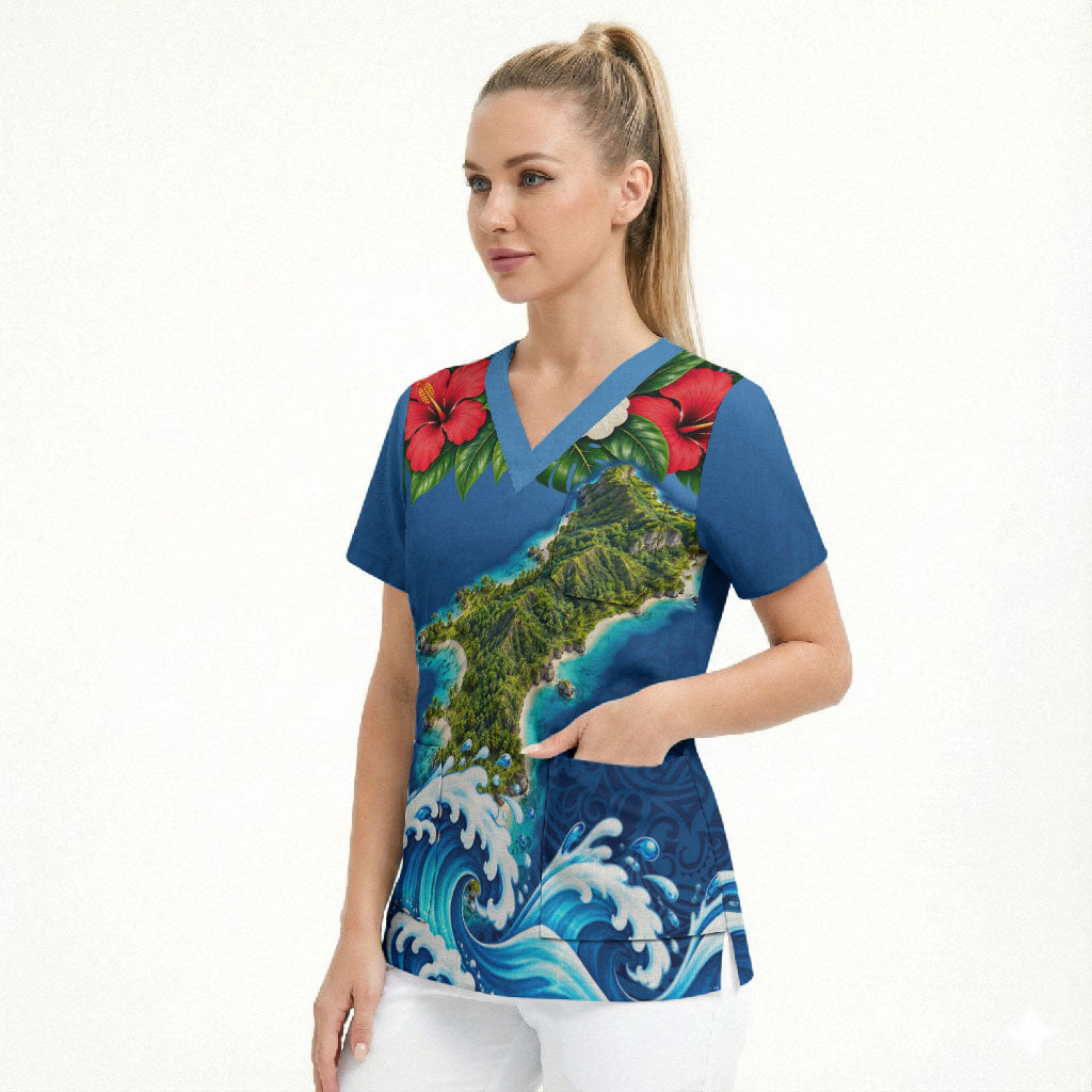 Guam Tropical Island Scrub Top Hibiscus Floral Ocean Waves