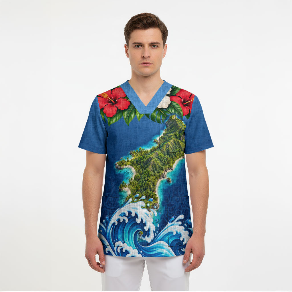 Guam Tropical Island Scrub Top Hibiscus Floral Ocean Waves