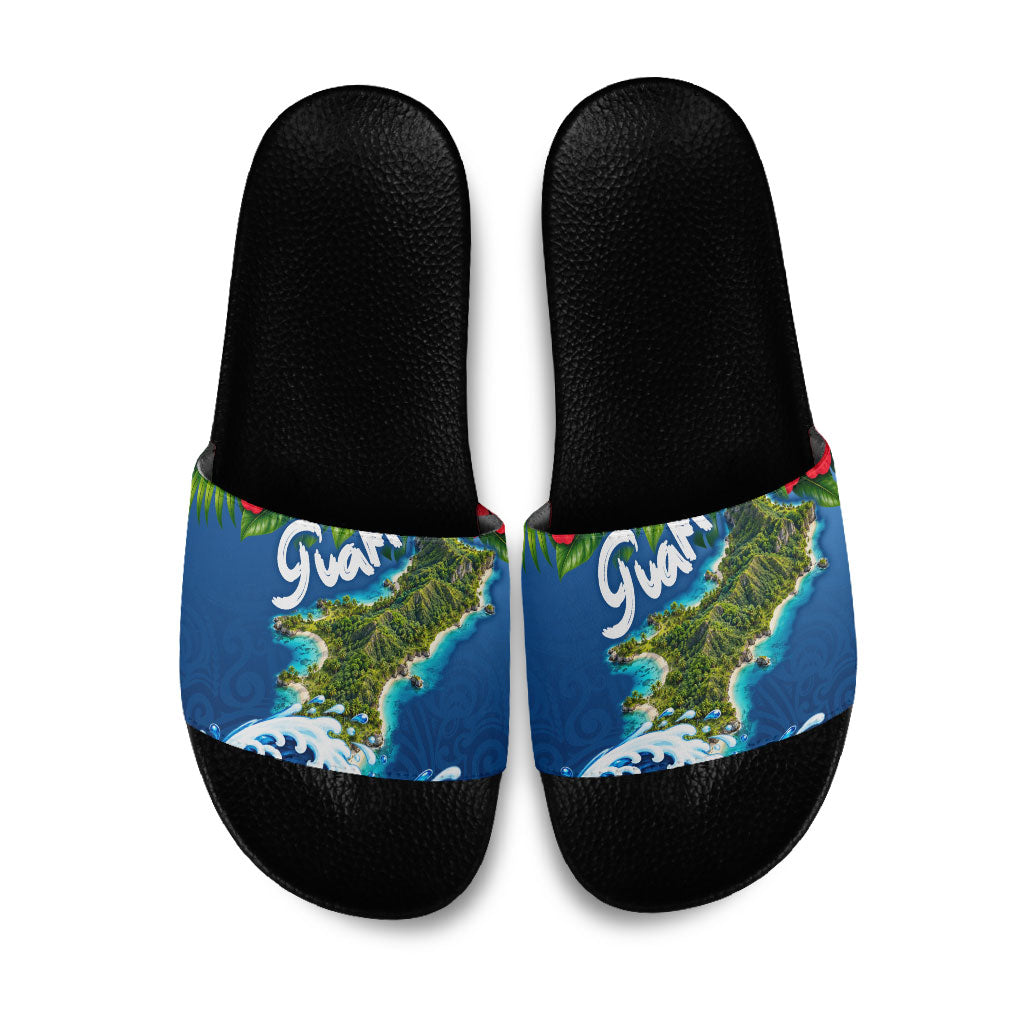 Guam Tropical Island Slide Sandals Hibiscus Floral Ocean Waves TS04 Blue Red - Polynesian Pride