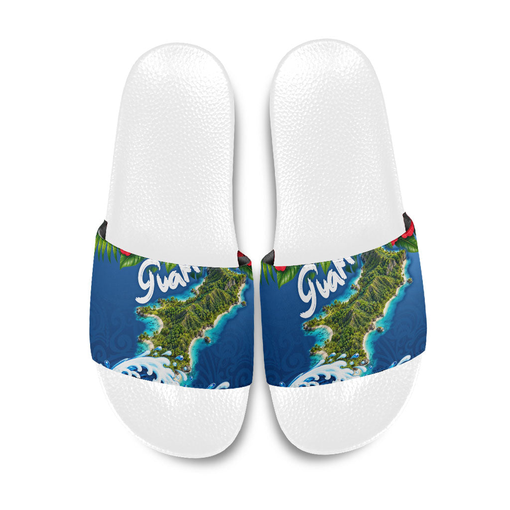 Guam Tropical Island Slide Sandals Hibiscus Floral Ocean Waves TS04 Blue Red - Polynesian Pride