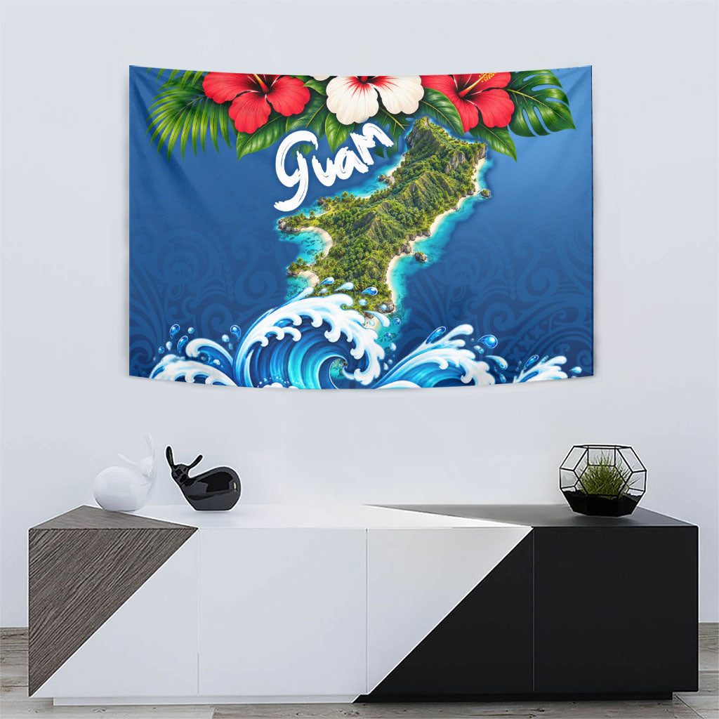 Guam Tropical Island Tapestry Hibiscus Floral Ocean Waves