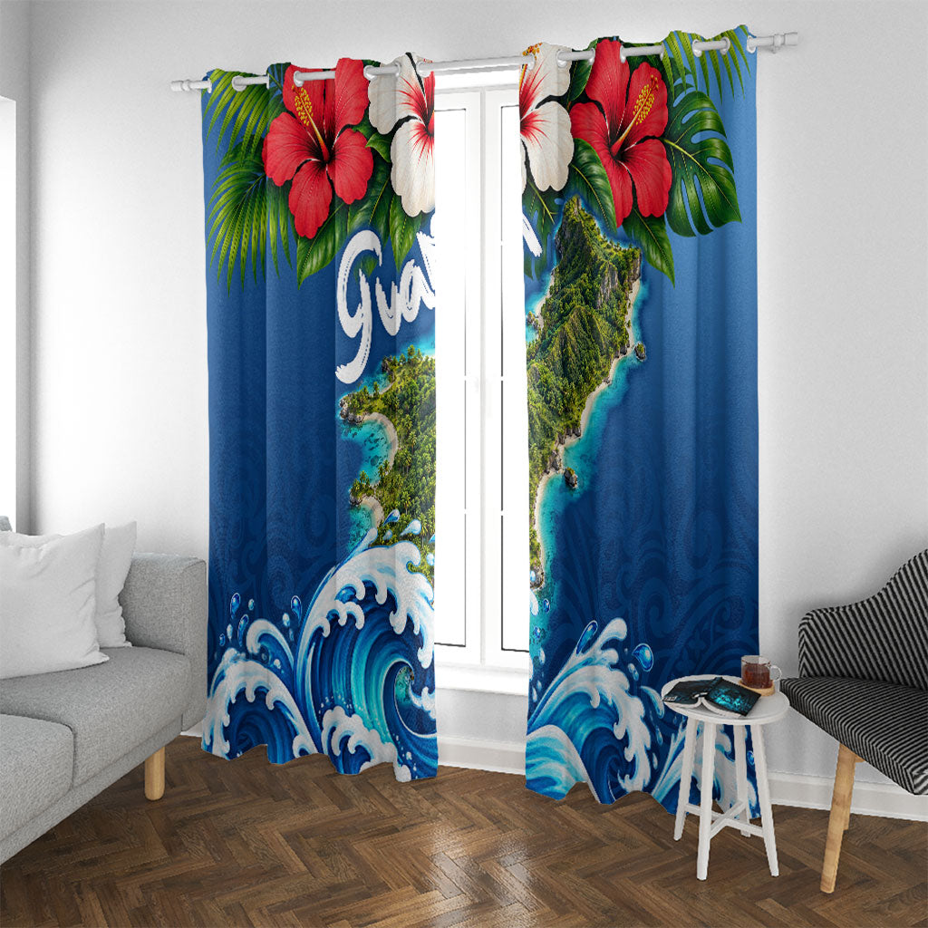 Guam Tropical Island Window Curtain Hibiscus Floral Ocean Waves TS04 With Grommets Blue Red - Polynesian Pride