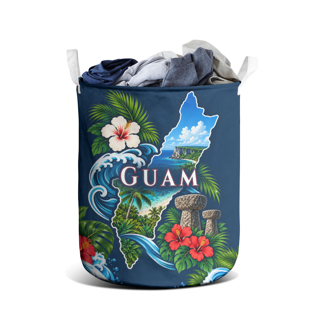 Guam Map Latte Stone Laundry Basket Hibiscus Floral Coastal Landscape TS04 - Polynesian Pride