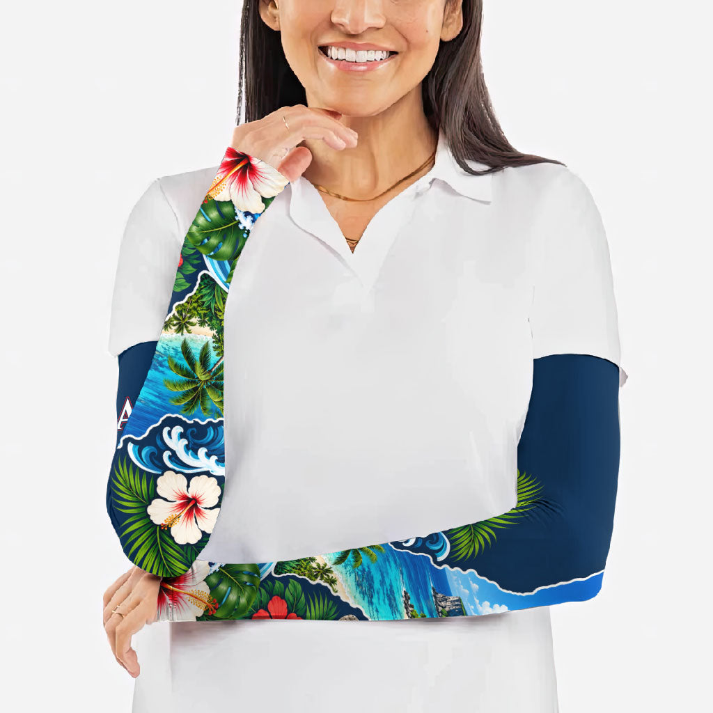 Guam Map Latte Stone Arm Sleeves Hibiscus Floral Coastal Landscape