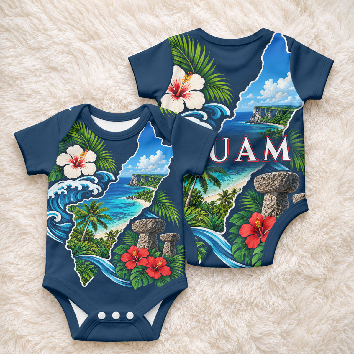 Guam Map Latte Stone Baby Onesie Hibiscus Floral Coastal Landscape TS04 - Polynesian Pride