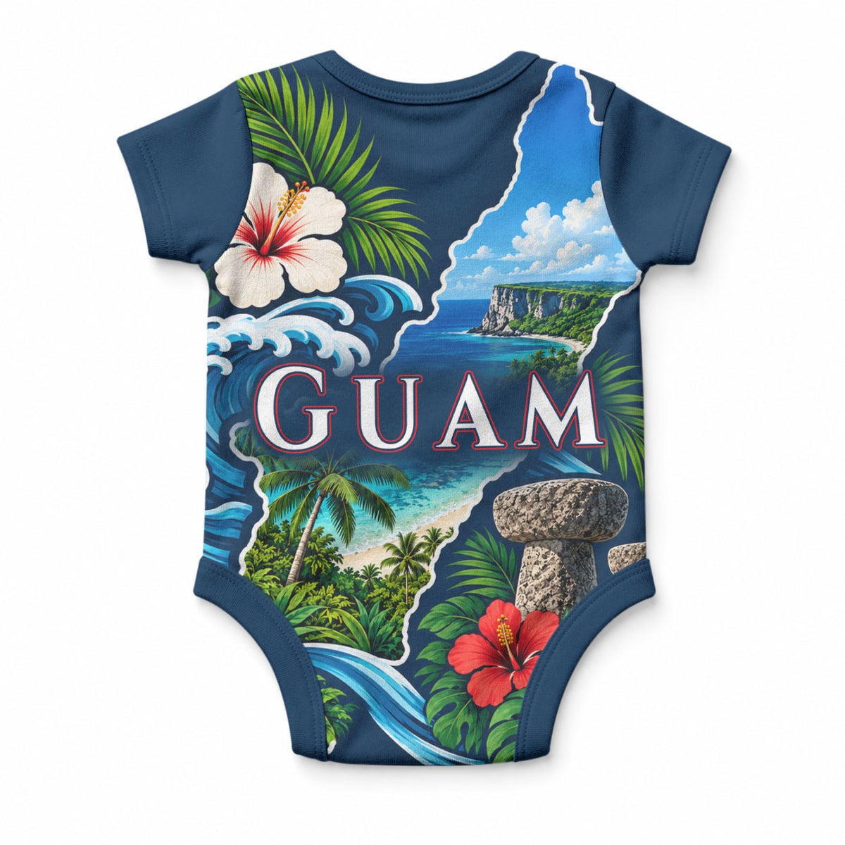 Guam Map Latte Stone Baby Onesie Hibiscus Floral Coastal Landscape TS04 - Polynesian Pride
