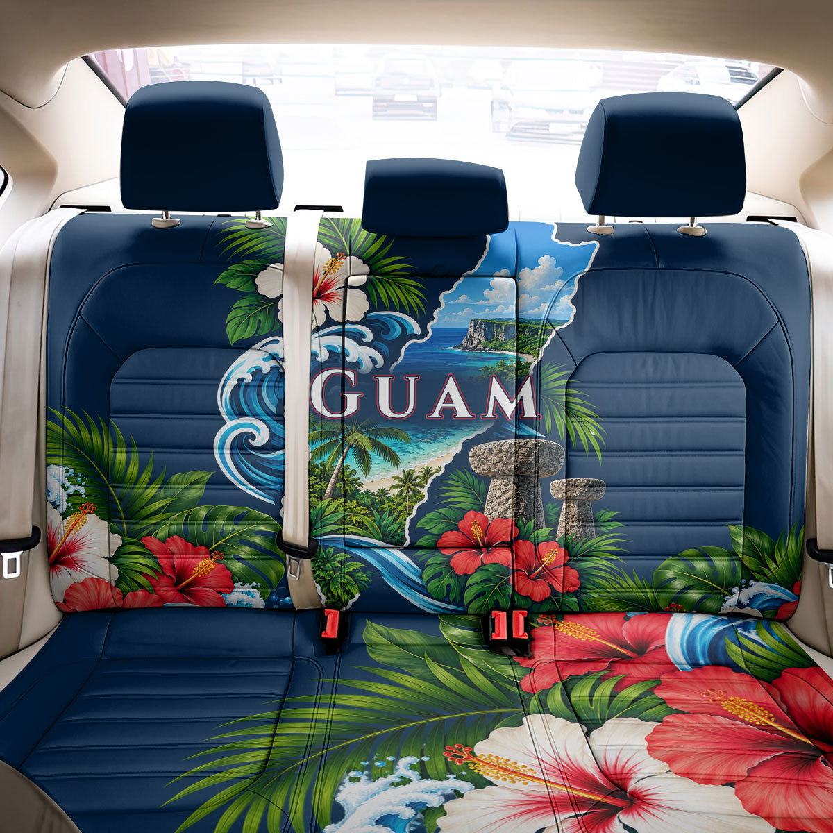 Guam Map Latte Stone Back Car Seat Cover Hibiscus Floral Coastal Landscape TS04 - Polynesian Pride