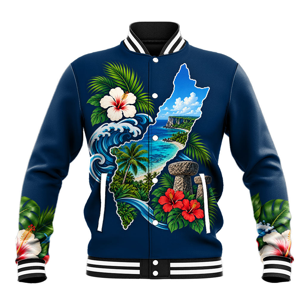 Guam Map Latte Stone Baseball Jacket Hibiscus Floral Coastal Landscape TS04 Unisex Blue Red - Polynesian Pride