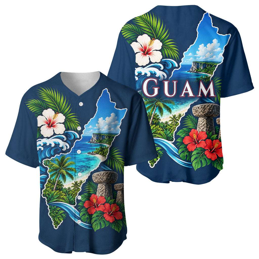 Guam Map Latte Stone Baseball Jersey Hibiscus Floral Coastal Landscape
