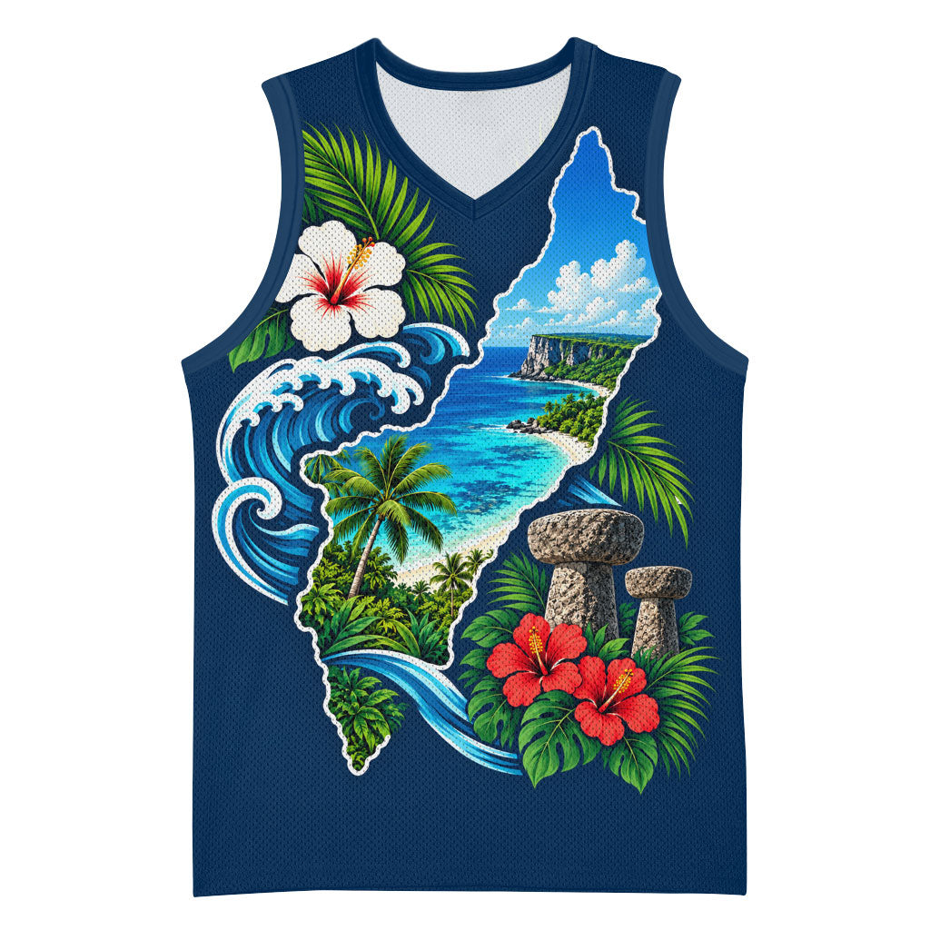Guam Map Latte Stone Basketball Jersey Hibiscus Floral Coastal Landscape