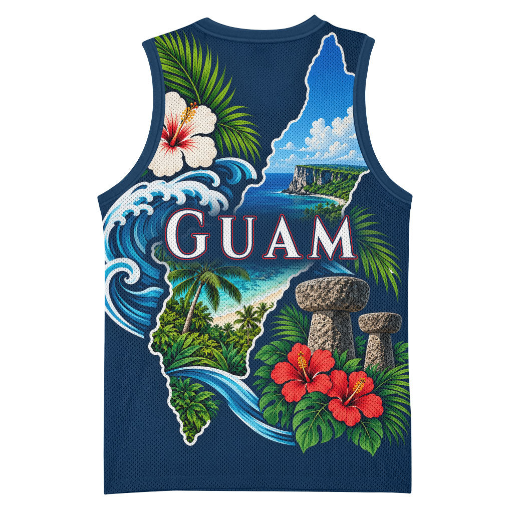 Guam Map Latte Stone Basketball Jersey Hibiscus Floral Coastal Landscape