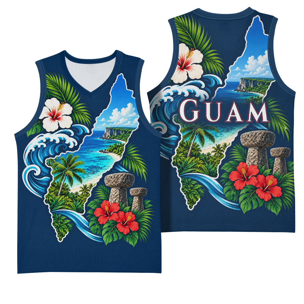 Guam Map Latte Stone Basketball Jersey Hibiscus Floral Coastal Landscape