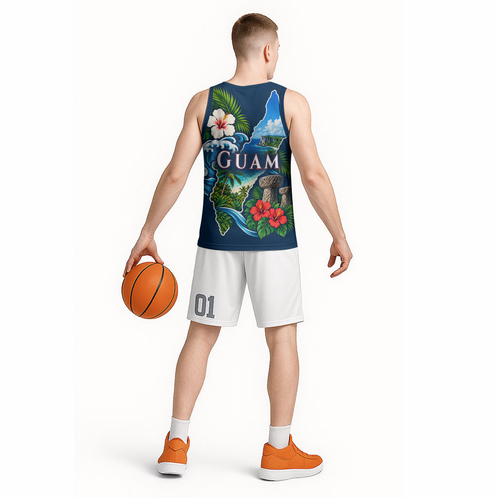 Guam Map Latte Stone Basketball Jersey Hibiscus Floral Coastal Landscape