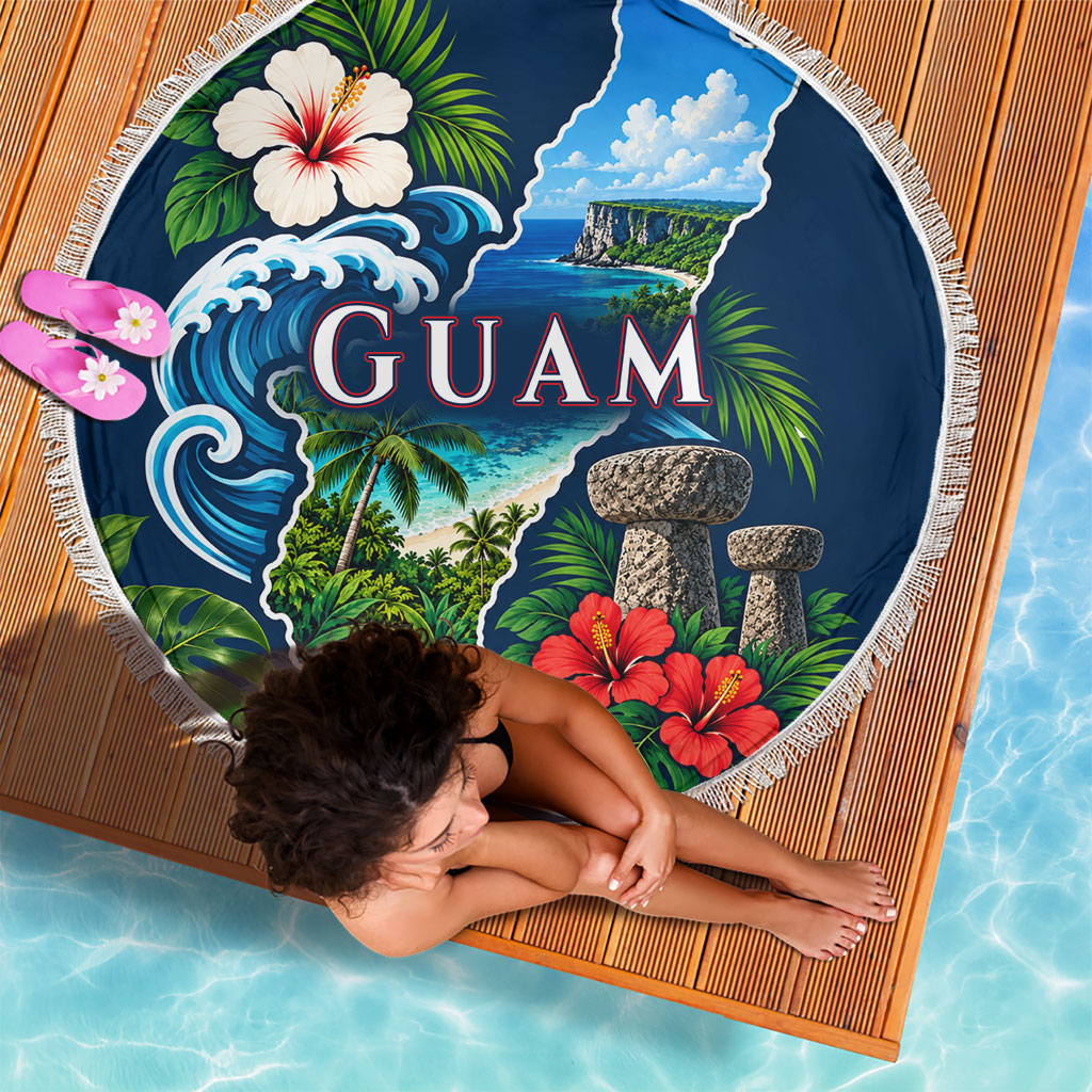 Guam Map Latte Stone Beach Blanket Hibiscus Floral Coastal Landscape TS04 - Polynesian Pride
