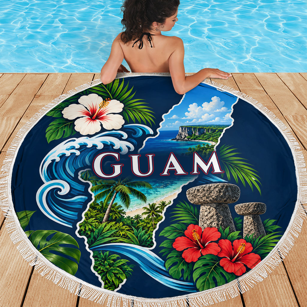 Guam Map Latte Stone Beach Blanket Hibiscus Floral Coastal Landscape TS04 - Polynesian Pride