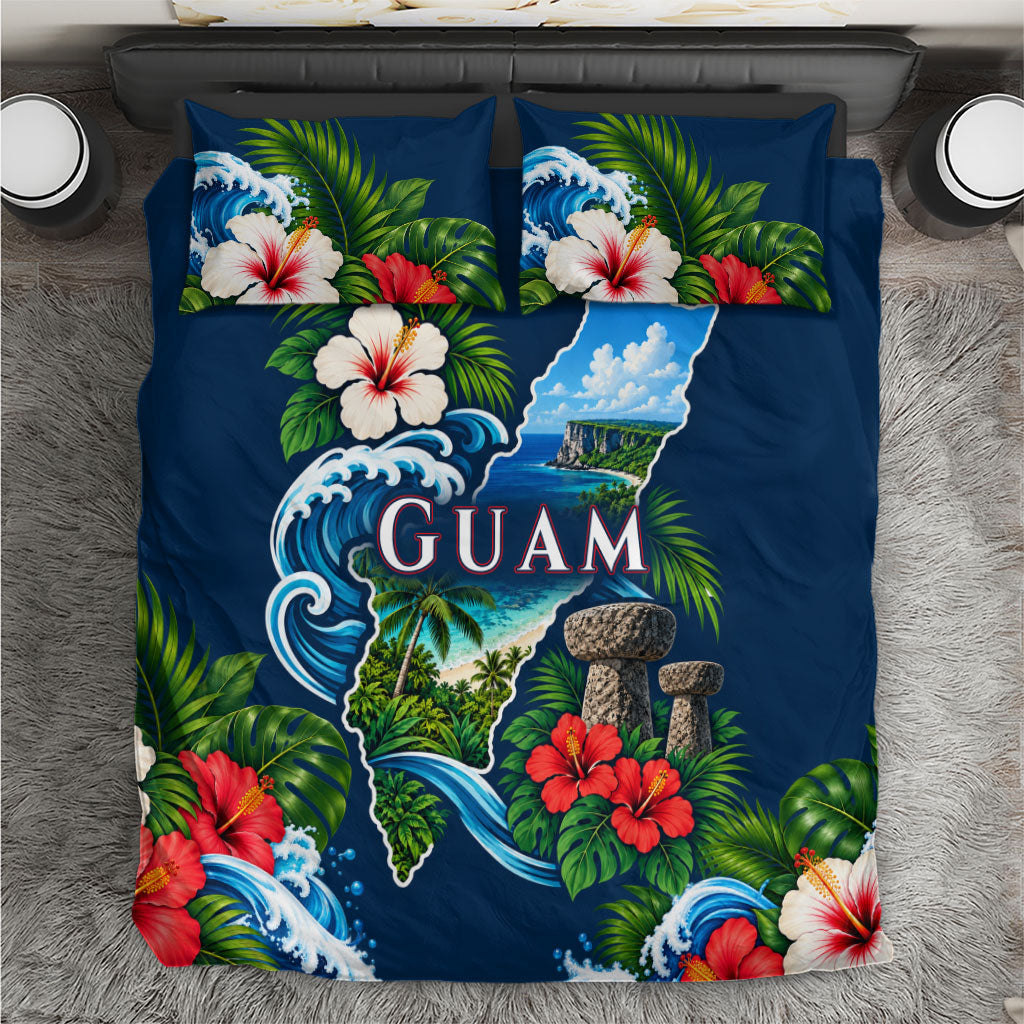 Guam Map Latte Stone Bedding Set Hibiscus Floral Coastal Landscape TS04 Blue Red - Polynesian Pride