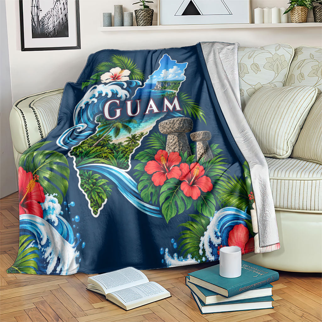 Guam Map Latte Stone Blanket Hibiscus Floral Coastal Landscape TS04 Blue Red - Polynesian Pride