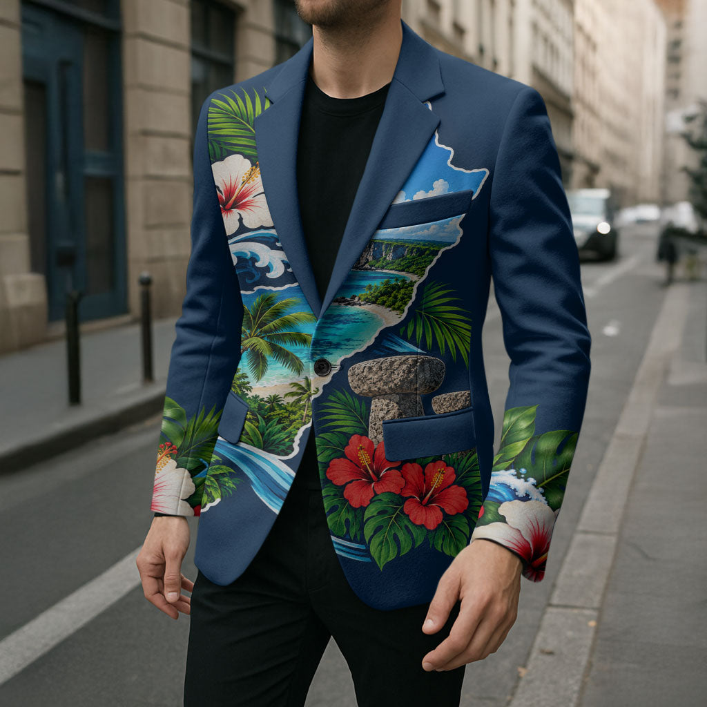 Guam Map Latte Stone Blazer Hibiscus Floral Coastal Landscape