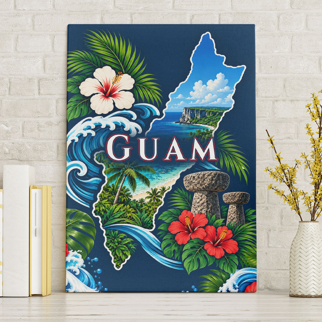Guam Map Latte Stone Canvas Wall Art Hibiscus Floral Coastal Landscape