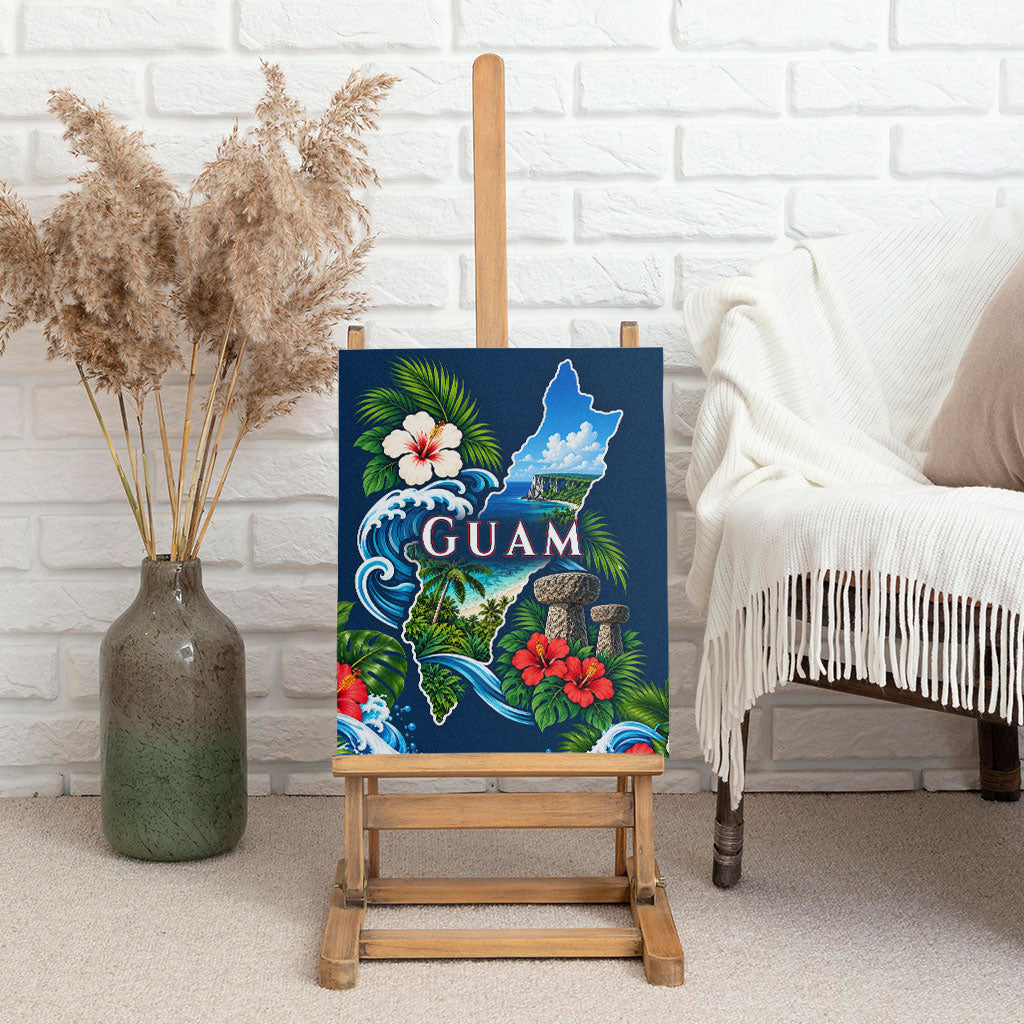 Guam Map Latte Stone Canvas Wall Art Hibiscus Floral Coastal Landscape