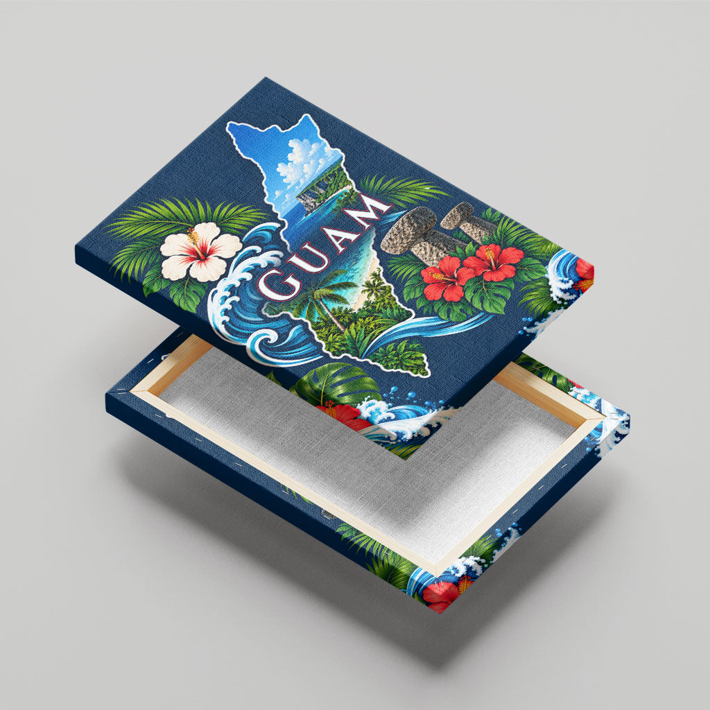 Guam Map Latte Stone Canvas Wall Art Hibiscus Floral Coastal Landscape