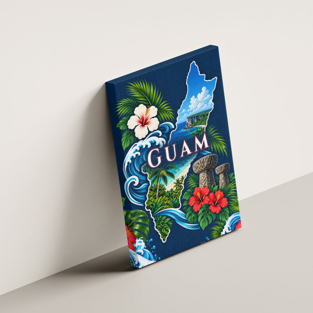 Guam Map Latte Stone Canvas Wall Art Hibiscus Floral Coastal Landscape