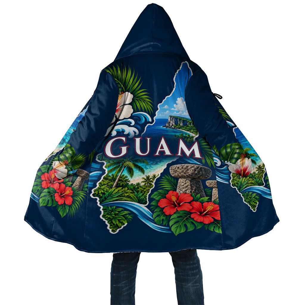 Guam Map Latte Stone Cloak Hibiscus Floral Coastal Landscape TS04 Unisex Blue Red - Polynesian Pride