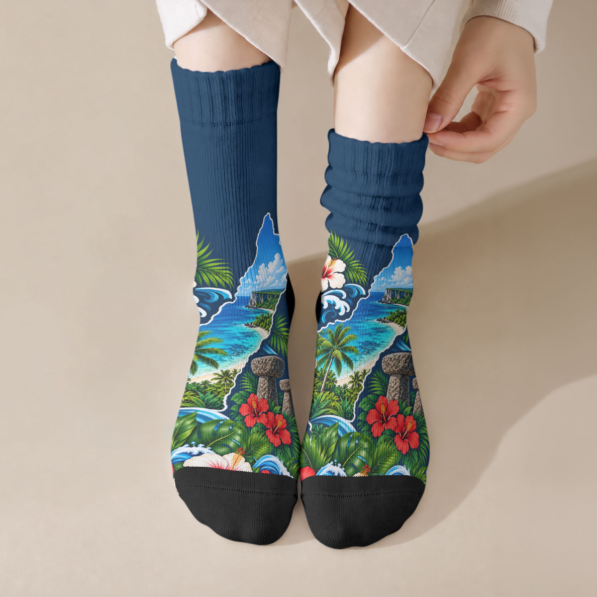 Guam Map Latte Stone Crew Socks Hibiscus Floral Coastal Landscape TS04 Crew Socks Blue Red - Polynesian Pride
