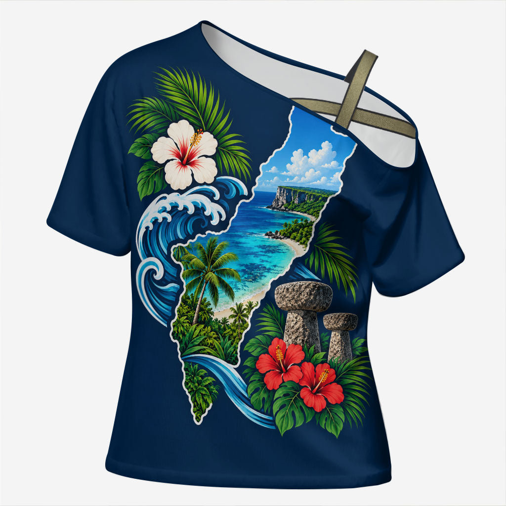 Guam Map Latte Stone Cross Shoulder Shirt Hibiscus Floral Coastal Landscape