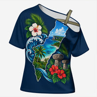 Guam Map Latte Stone Cross Shoulder Shirt Hibiscus Floral Coastal Landscape