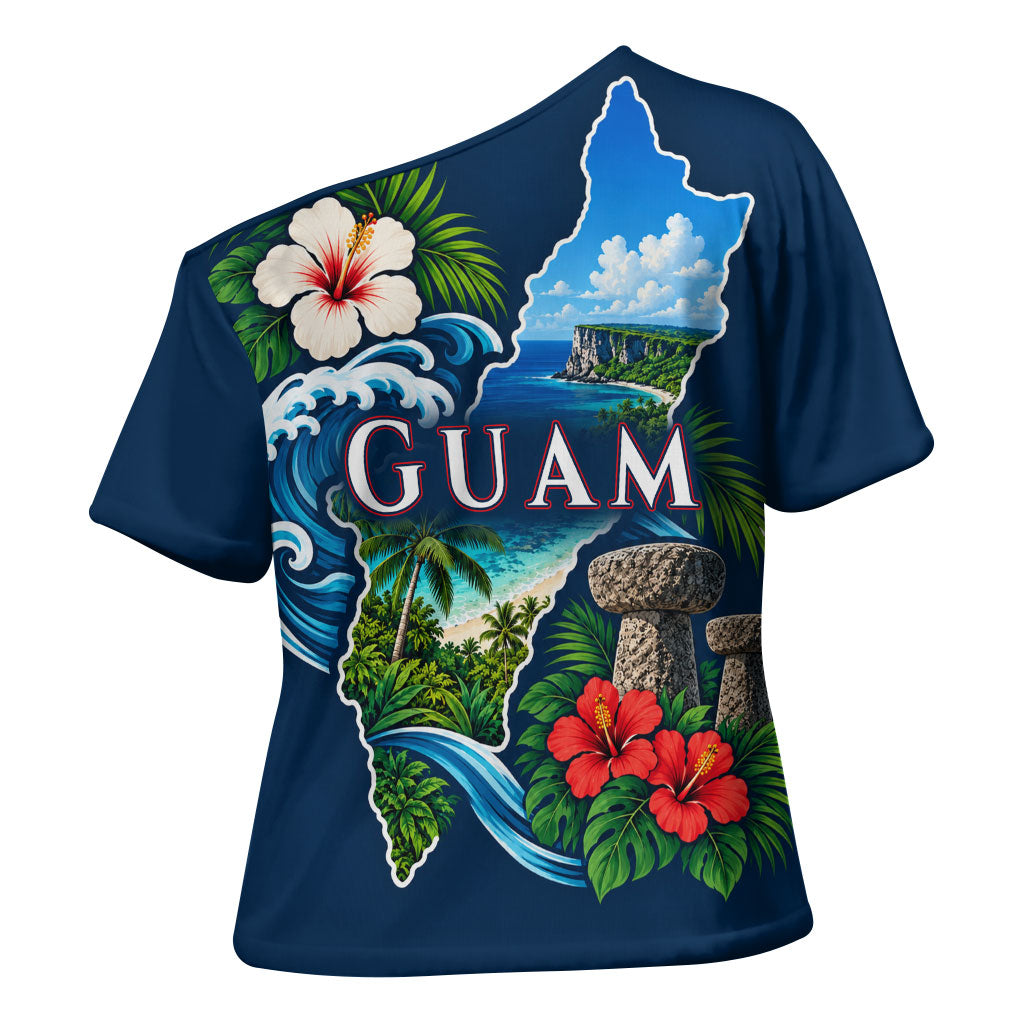 Guam Map Latte Stone Cross Shoulder Shirt Hibiscus Floral Coastal Landscape