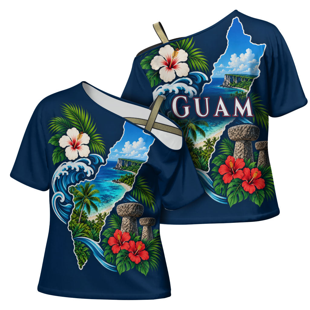 Guam Map Latte Stone Cross Shoulder Shirt Hibiscus Floral Coastal Landscape