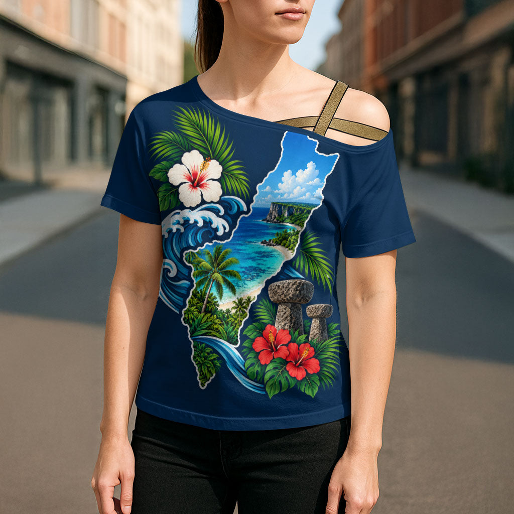 Guam Map Latte Stone Cross Shoulder Shirt Hibiscus Floral Coastal Landscape
