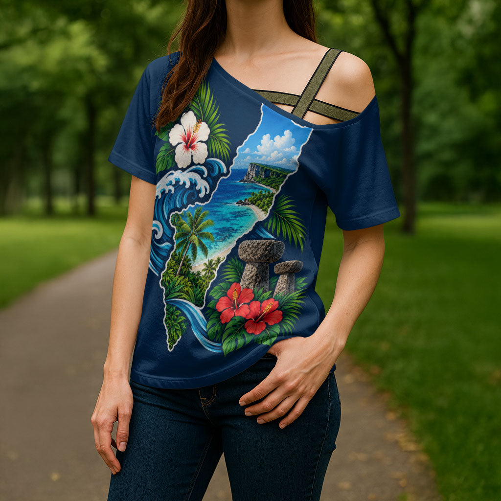 Guam Map Latte Stone Cross Shoulder Shirt Hibiscus Floral Coastal Landscape