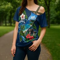 Guam Map Latte Stone Cross Shoulder Shirt Hibiscus Floral Coastal Landscape