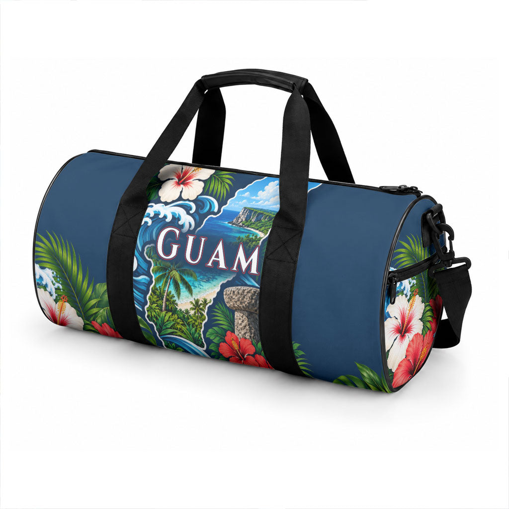 Guam Map Latte Stone Duffle Bag Hibiscus Floral Coastal Landscape TS04 - Polynesian Pride