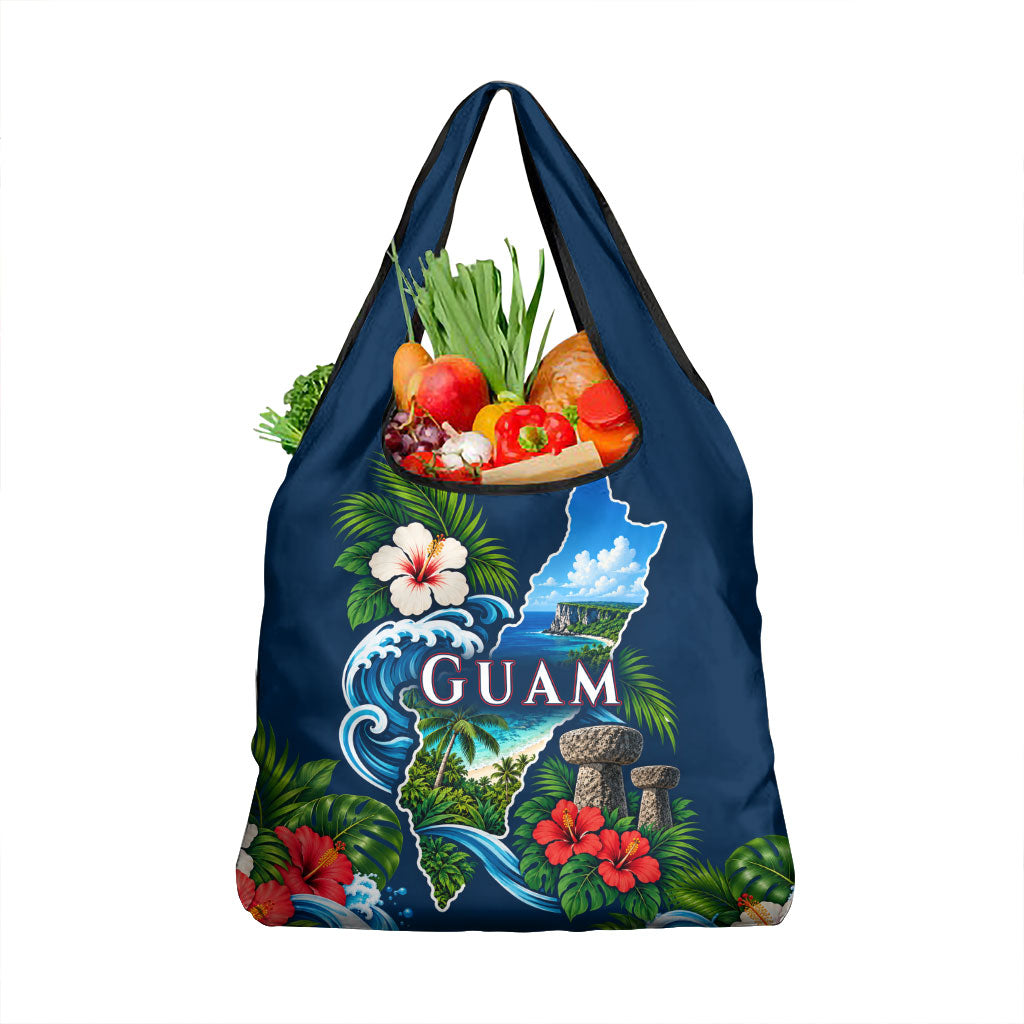 Guam Map Latte Stone Grocery Bag Hibiscus Floral Coastal Landscape TS04 1-pack One Size Blue Red - Polynesian Pride