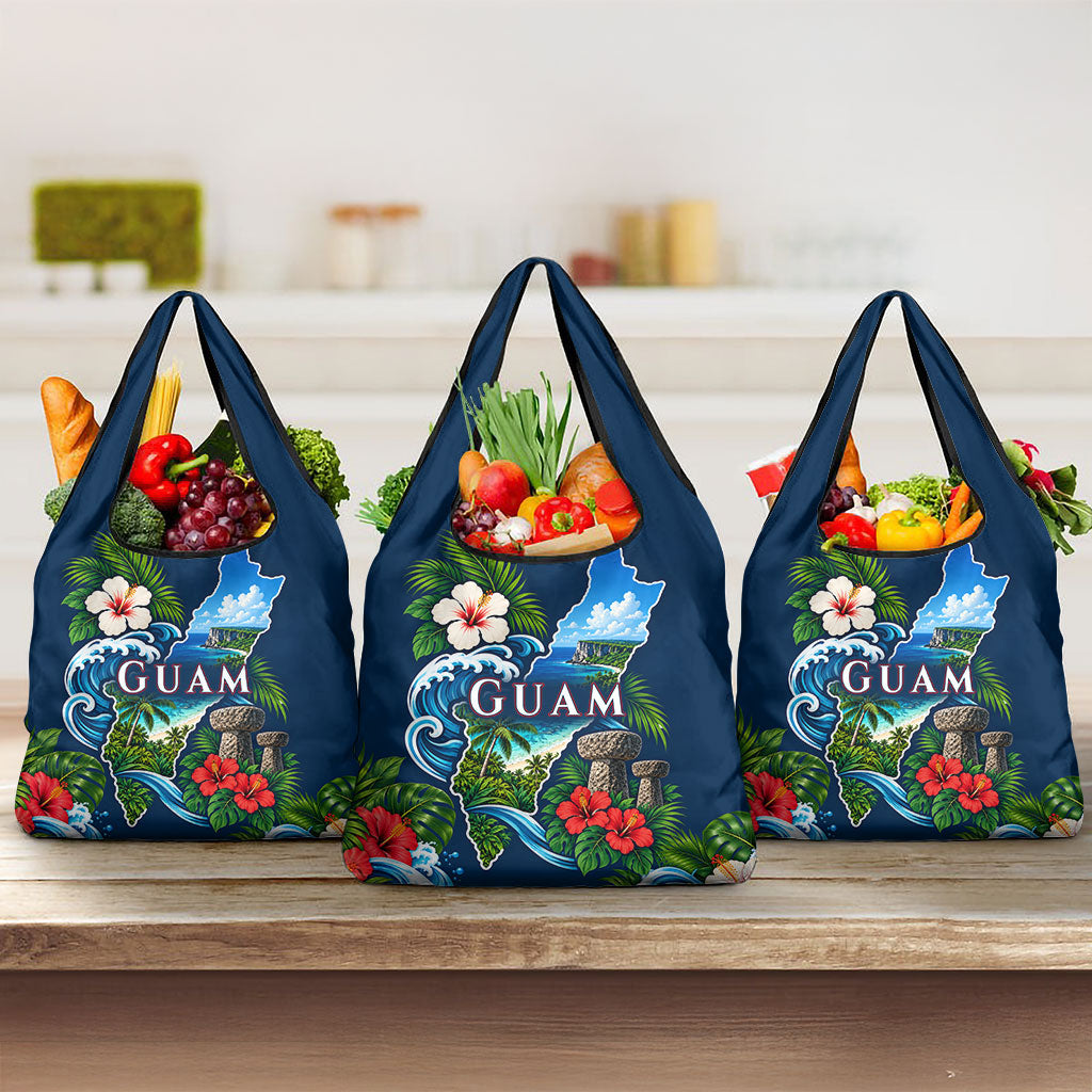 Guam Map Latte Stone Grocery Bag Hibiscus Floral Coastal Landscape TS04 3-pack One Size Blue Red - Polynesian Pride