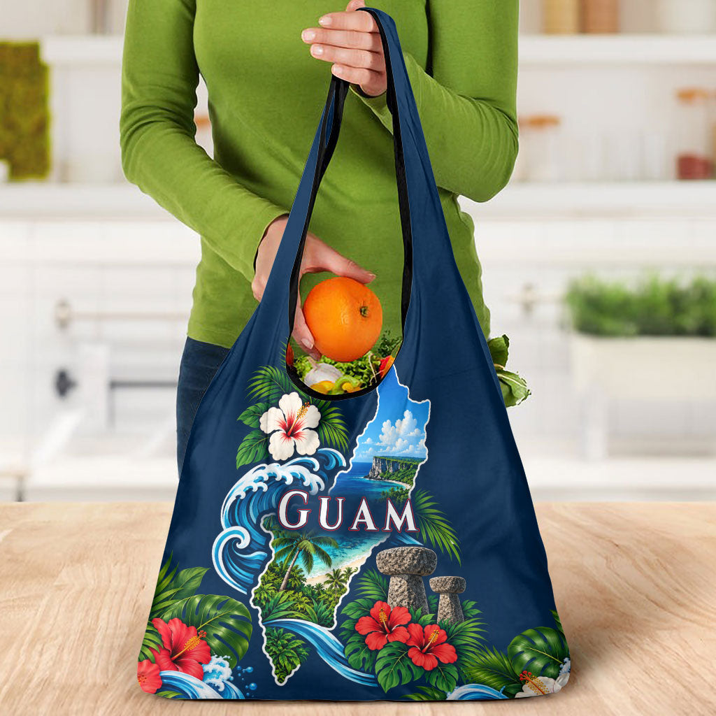 Guam Map Latte Stone Grocery Bag Hibiscus Floral Coastal Landscape TS04 - Polynesian Pride