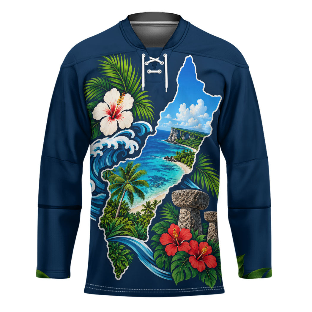 Guam Map Latte Stone Hockey Jersey Hibiscus Floral Coastal Landscape
