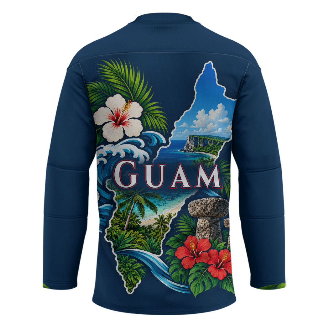 Guam Map Latte Stone Hockey Jersey Hibiscus Floral Coastal Landscape