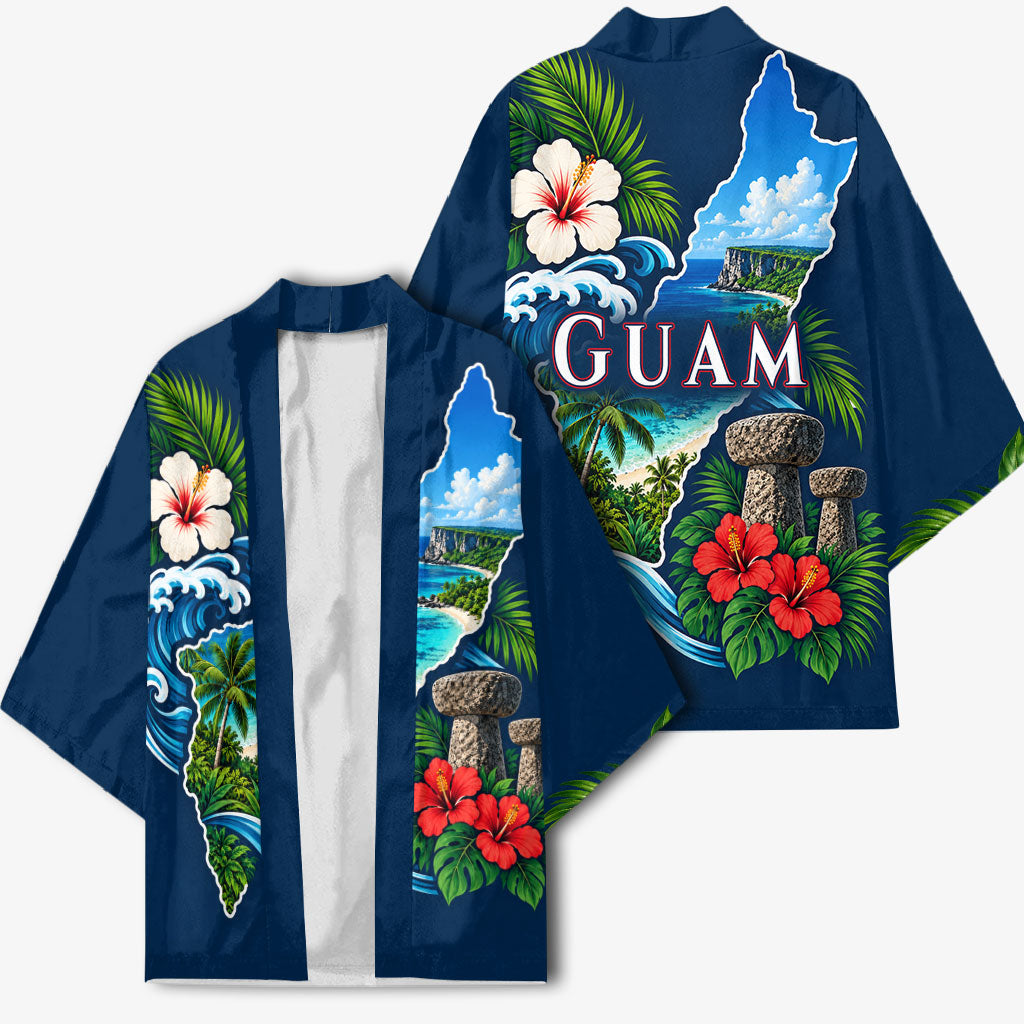 Guam Map Latte Stone Kimono Hibiscus Floral Coastal Landscape TS04 - Polynesian Pride