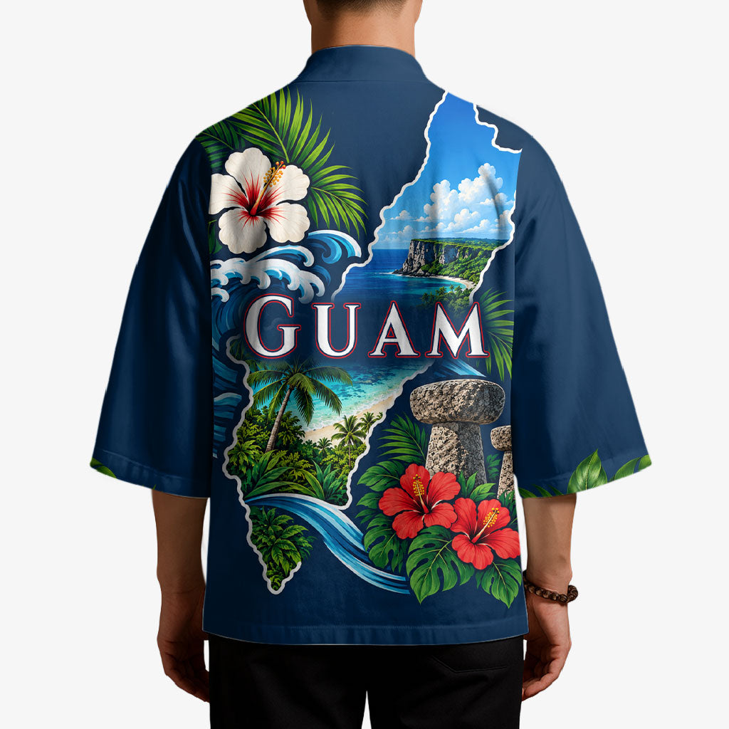 Guam Map Latte Stone Kimono Hibiscus Floral Coastal Landscape TS04 - Polynesian Pride