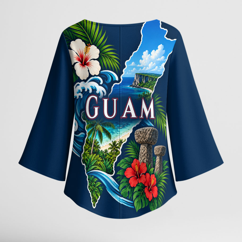 Guam Map Latte Stone Kimono Sleeve Blouse Hibiscus Floral Coastal Landscape