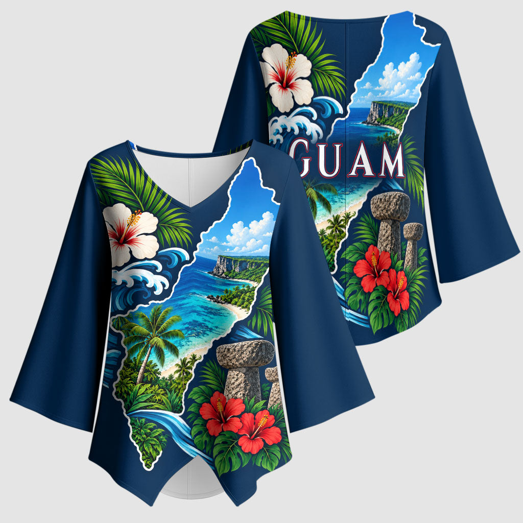 Guam Map Latte Stone Kimono Sleeve Blouse Hibiscus Floral Coastal Landscape