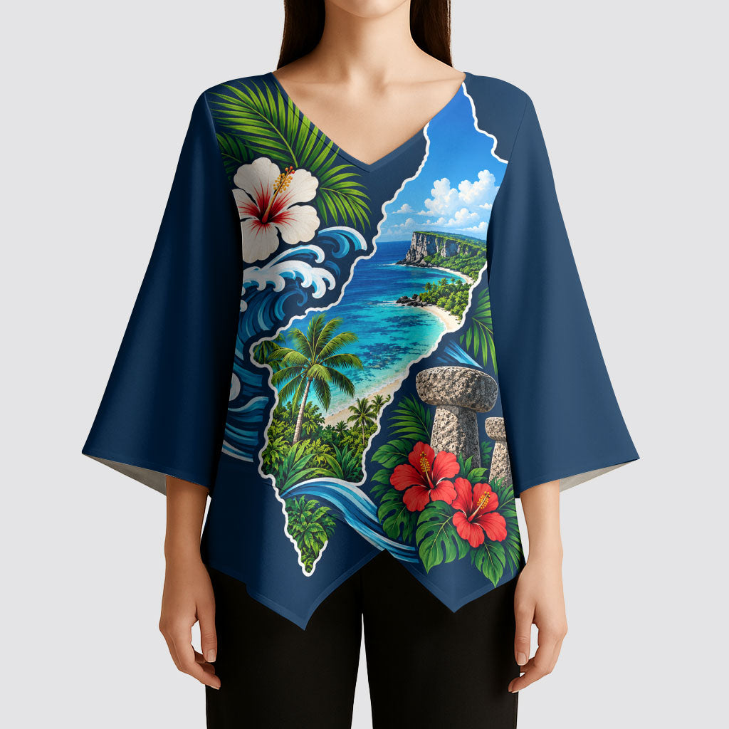 Guam Map Latte Stone Kimono Sleeve Blouse Hibiscus Floral Coastal Landscape
