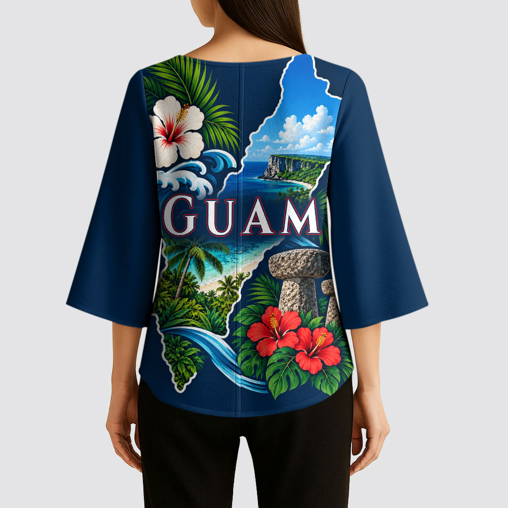 Guam Map Latte Stone Kimono Sleeve Blouse Hibiscus Floral Coastal Landscape